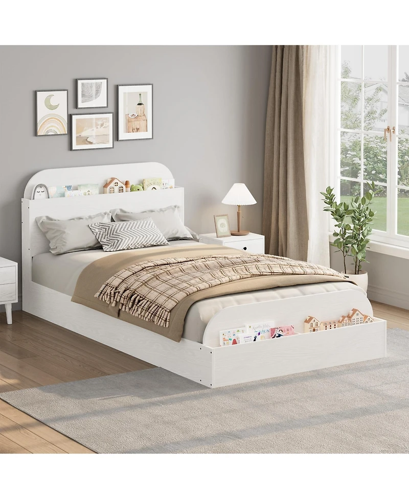 Homfan Wooden Beds with Storage Headboard and Raised-Foodboard, Twin-Floor Low Platform Bed for Bedroom