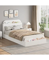 Homfan Wooden Beds with Storage Headboard and Raised-Foodboard, Twin-Floor Low Platform Bed for Bedroom