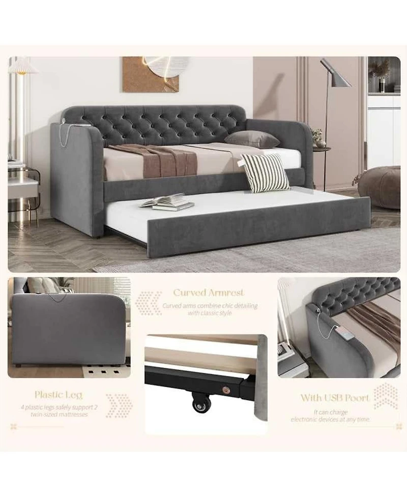 Rainsken Daybed with Trundle,Velvet Upholstered Day Bed with Usb Charging Design, No Box Spring Needed for Bedroom, Living Room