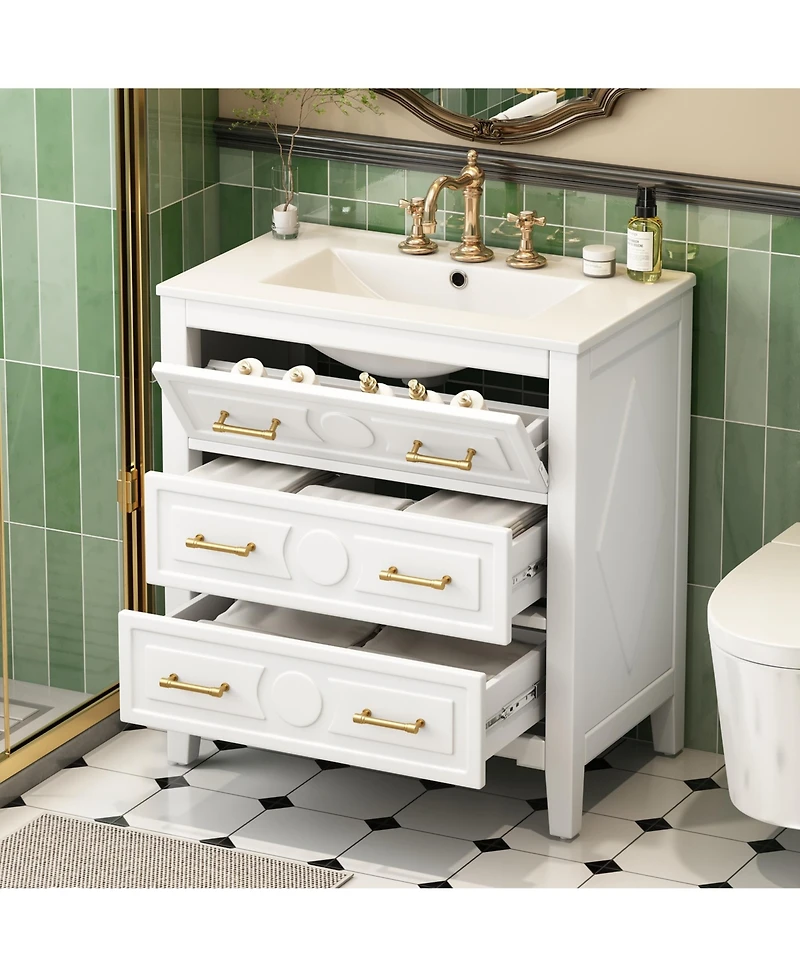 Busdays 30 Inch Bathroom Vanity with Ceramic Sink Freestanding Single Vanity 3 Drawers Solid Wood Frame Storage Cabinet