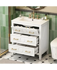 Busdays 30 Inch Bathroom Vanity with Ceramic Sink Freestanding Single Vanity 3 Drawers Solid Wood Frame Storage Cabinet