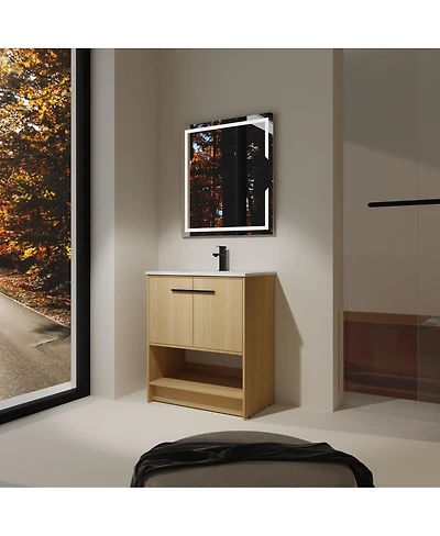 Sillysis Freestanding Bathroom Vanity with Ceramic Sink, Open Storage Shelf, 2 Soft Closing Doors