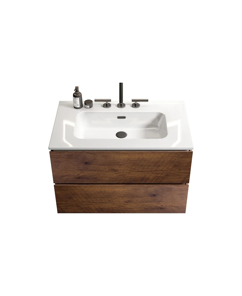 Busdays 30 Inch Wall Mount Walnut Bathroom Vanity with Ceramic Sink 3 Faucet Holes Large Floating Storage One Piece Basin Pre Assembled