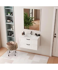 Sillysis 31.5 Inch Wall Mounted Bathroom Vanity with Sink and Mirror, Modern White Floating Solid Wood Cabinet, Soft Close Drawers