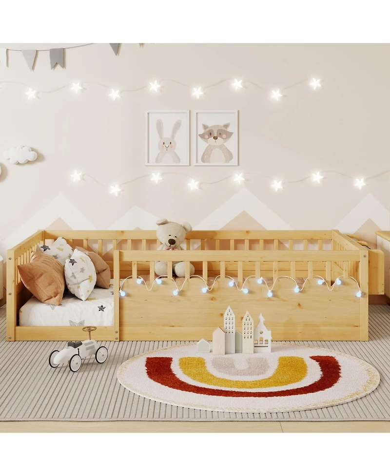 Rainsken Montessori Floor Bed with Storage Shelf and Light, No Slats Included