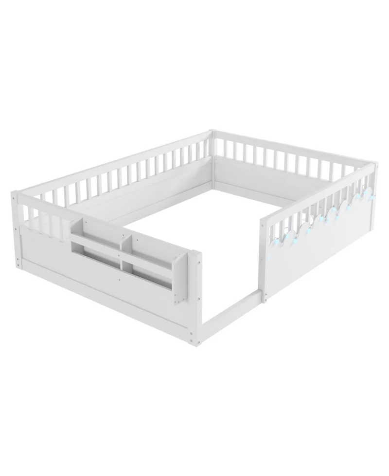 Rainsken Size Montessori Floor Bed with Storage Shelf and Light, No Slats Included
