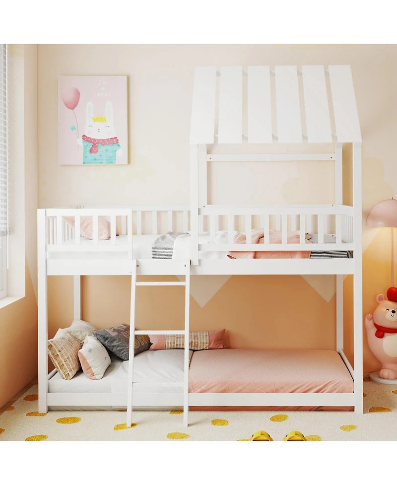 Slickblue House Style Twin Over Bunk Bed with Roof, Guardrails for Kids and Teens Room
