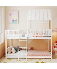Slickblue House Style Twin Over Bunk Bed with Roof, Guardrails for Kids and Teens Room