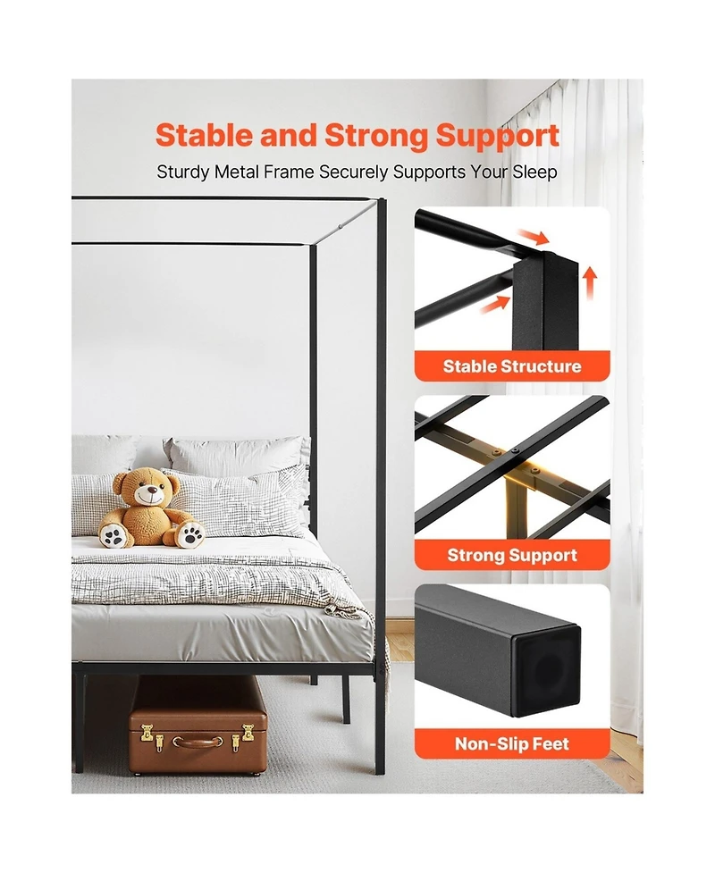 Sugift King Canopy Bed Frame Metal Four Poster Heavy Duty with Steel Slats