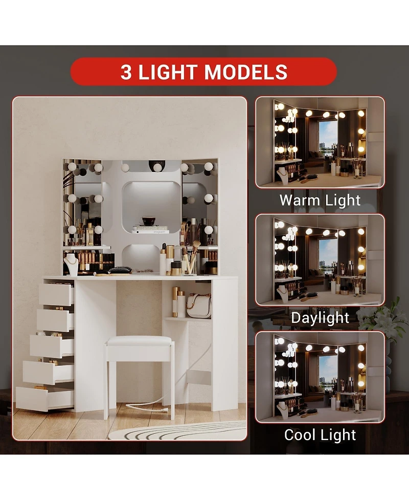 Homfan Corner Makeup Vanity Desk with Mirror and Lights, Charging Station, 5 Drawers, 2 Shelves, Adjustable Brightness, Space Saving, 3 Mirrors