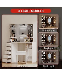 Homfan Corner Makeup Vanity Desk with Mirror and Lights, Charging Station, 5 Drawers, 2 Shelves, Adjustable Brightness, Space Saving, 3 Mirrors