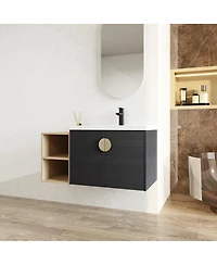 Sillysis Wall Mounted Bathroom Vanity with Ceramic Sink, Black Chestnut Plywood Cabinet