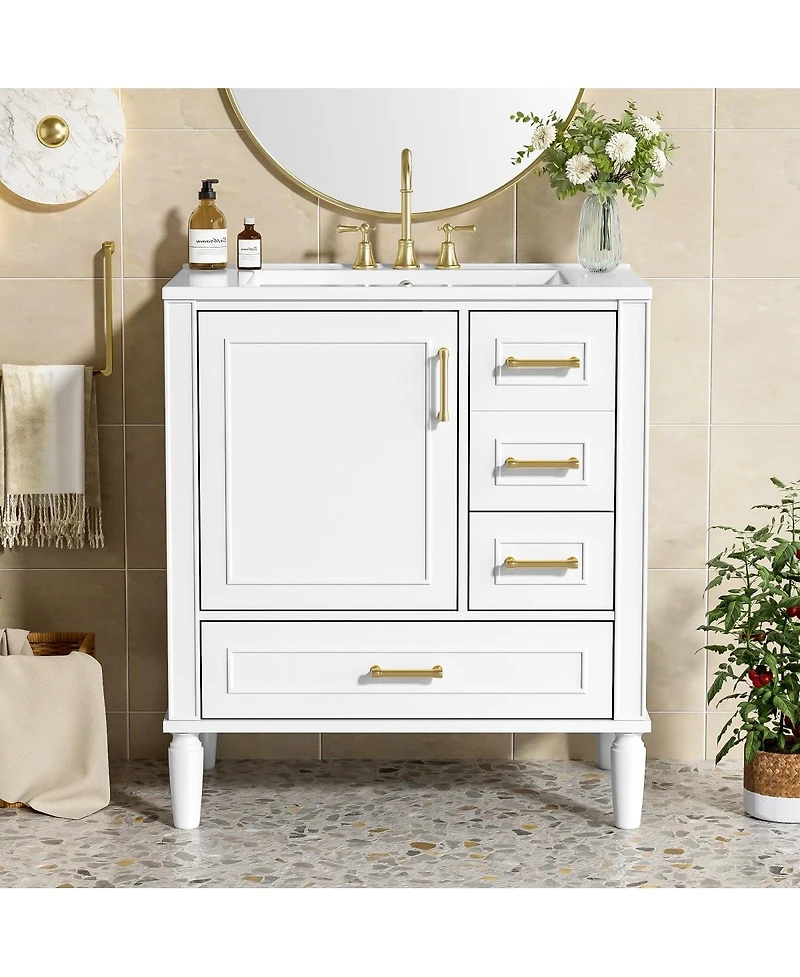 Sillysis Bathroom Vanity with Ceramic Sink, Solid Wood Frame, 3 Drawers and Soft Close Door, Modern Storage Cabinet