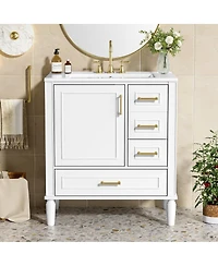 Sillysis Bathroom Vanity with Ceramic Sink, Solid Wood Frame, 3 Drawers and Soft Close Door, Modern Storage Cabinet