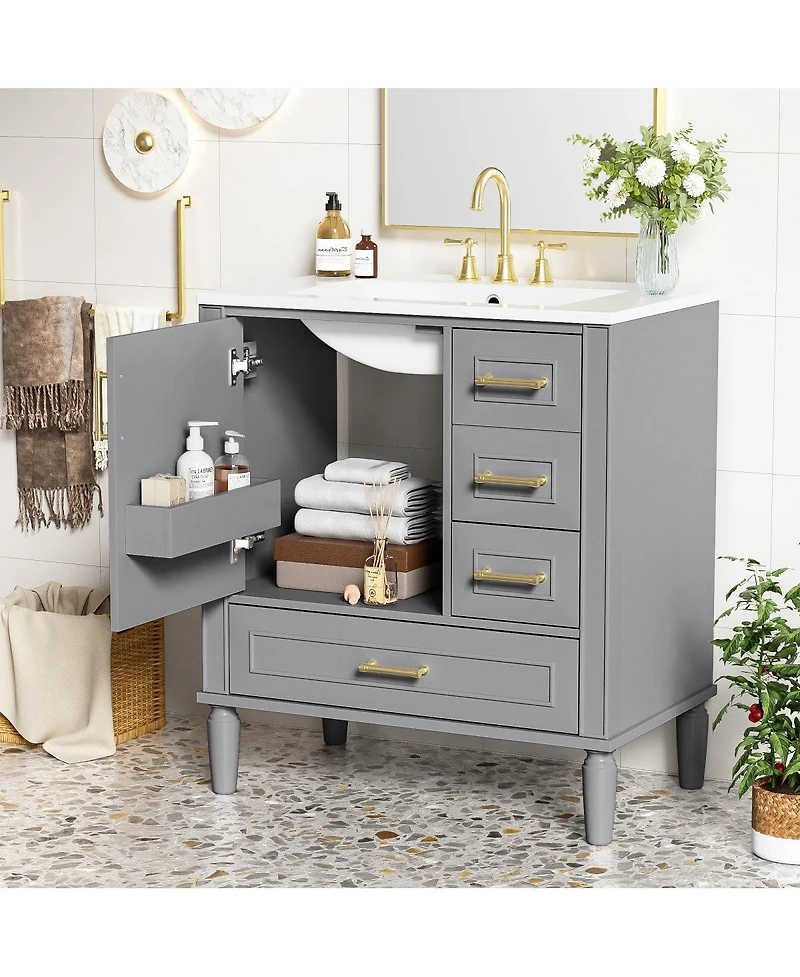 Sillysis Bathroom Vanity with Ceramic Sink, Solid Wood Frame, 3 Drawers and Soft Close Door, Modern Storage Cabinet