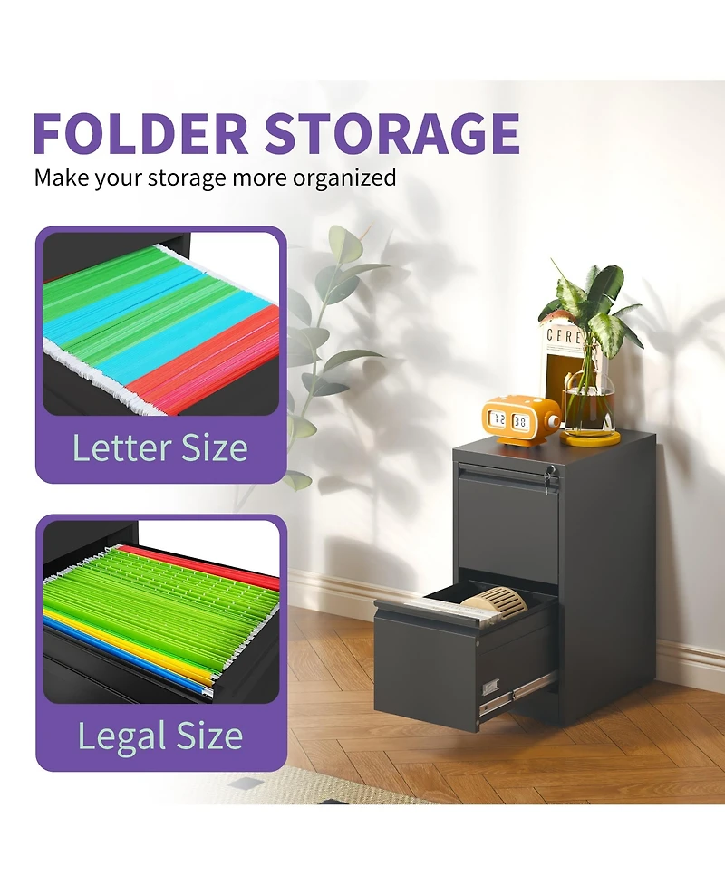 Rainsken Vertical Metal File Cabinet - 2 Drawer Office Storage Filing with Lock for A4 Legal/Letter