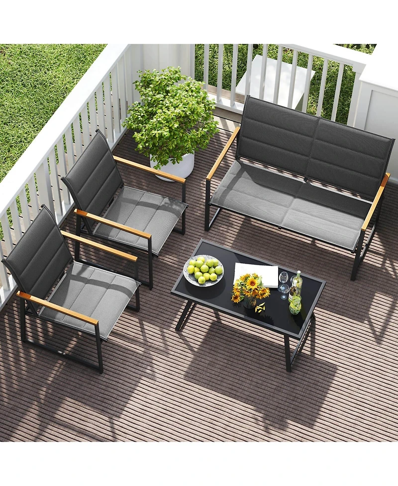 Costway 8 Pcs Patio Furniture Setwith Padded Fabric Seat & Wood-Plastic Armrests Table