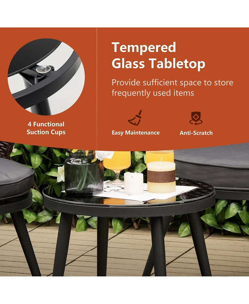 Costway 3PCS Patio Rattan Bistro Furniture Set Cushioned Chair Table Garden