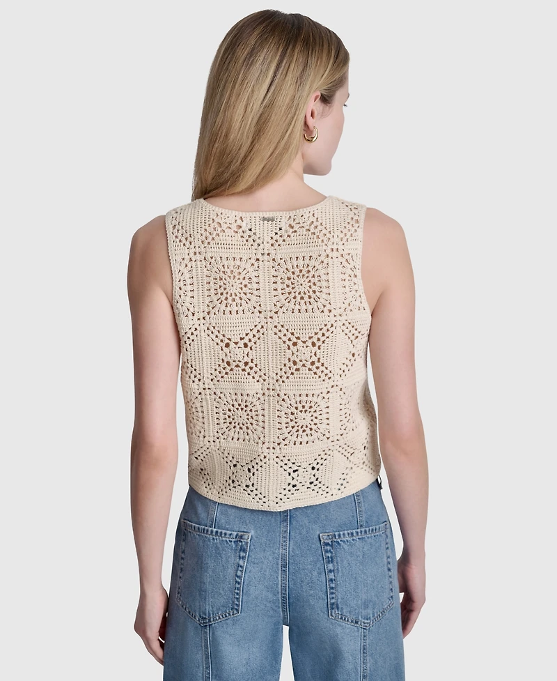 Dkny Jeans Women's Sleeveless Crochet Square Knit Tank Top