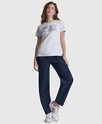 Dkny Jeans Women's Stacked Rhinestone Dome Stud Logo Crewneck T-Shirt