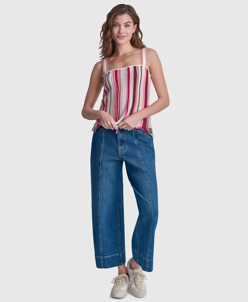 Dkny Jeans Women's Striped Pointelle Stitch Bandeau Knit Cotton Tank Top