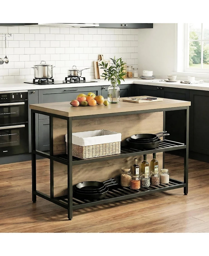 Tribesigns 55-Inch Kitchen Island Table with Storage, 3-Tier Stationary Center Island Table with Metal Base, Farmhouse Rustic Kitchen Island
