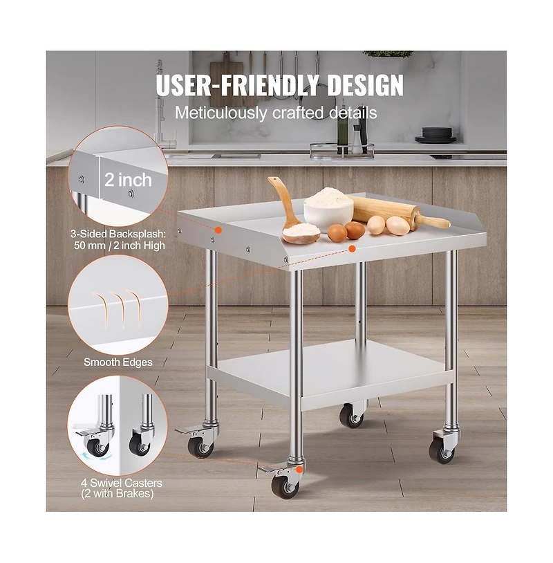 Sugift Stainless Steel Work Table 24x28x30 in Commercial Prep Table 3-Sided Backsplash