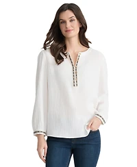 Jones New York Petite V-Neck Embroidered Placket Popover Top
