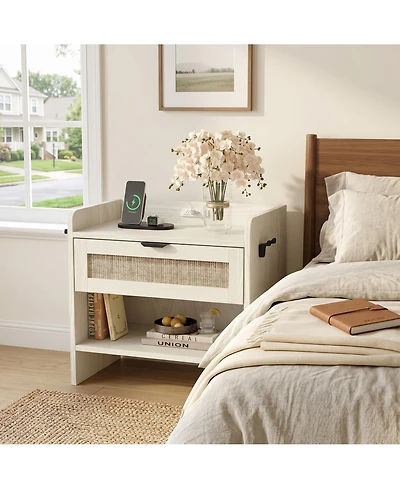 homfan Boho Rattan Bedside Table with Type-c Charging Port, 1 Drawer and Open Storage Shelf, Storage End Table for Bedroom and Office