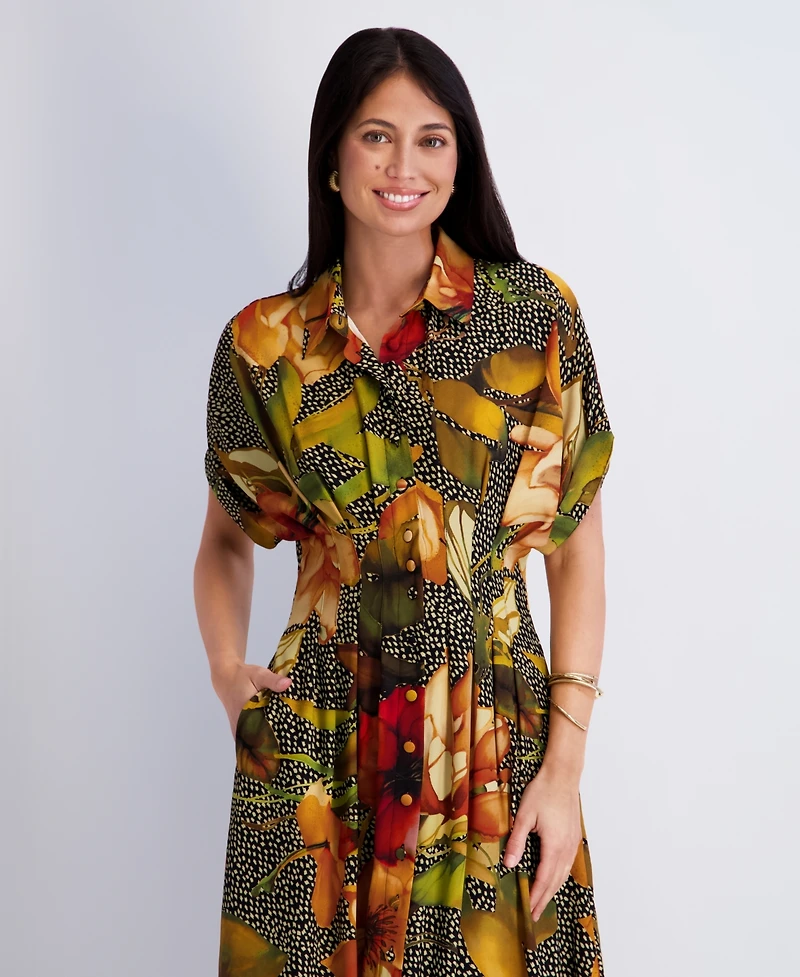 Kensie Women's Button-Front Collared Neck Midi Shirt Dress