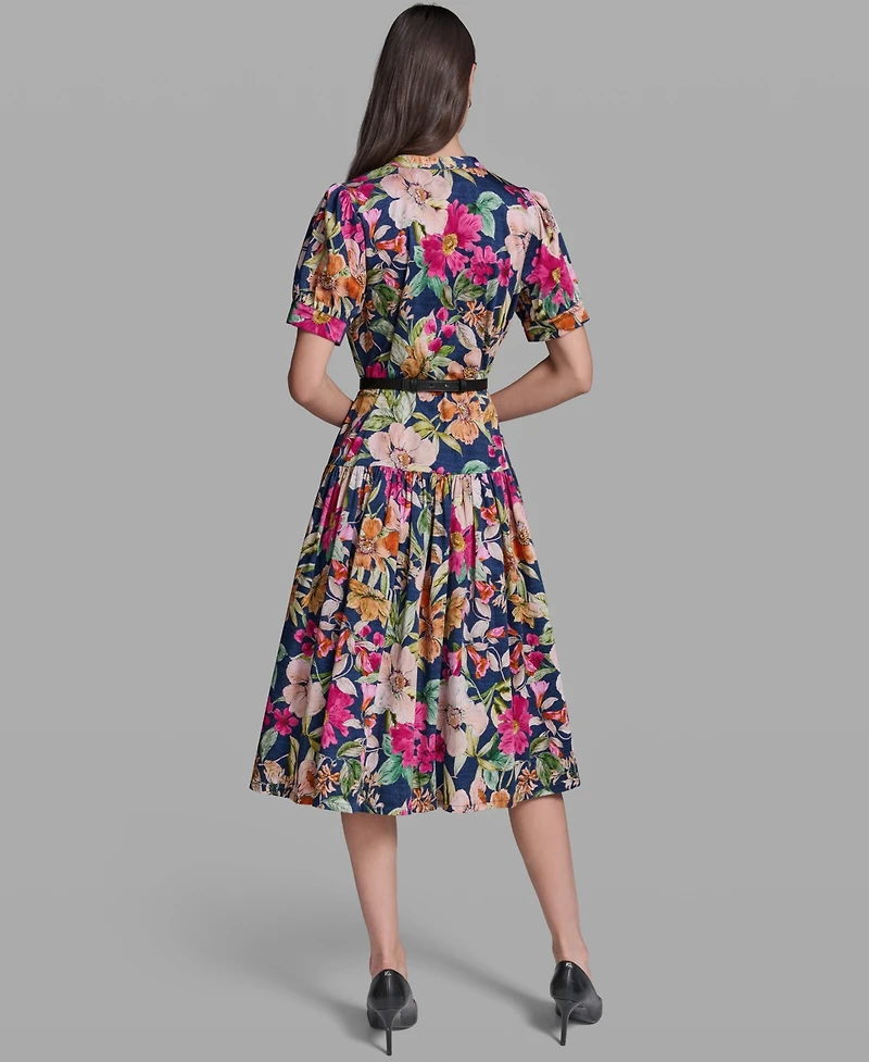 Karl Lagerfeld Paris Women's Floral Printed V-Neck Belt Dress