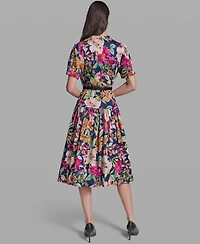 Karl Lagerfeld Paris Women's Floral Printed V-Neck Belt Dress
