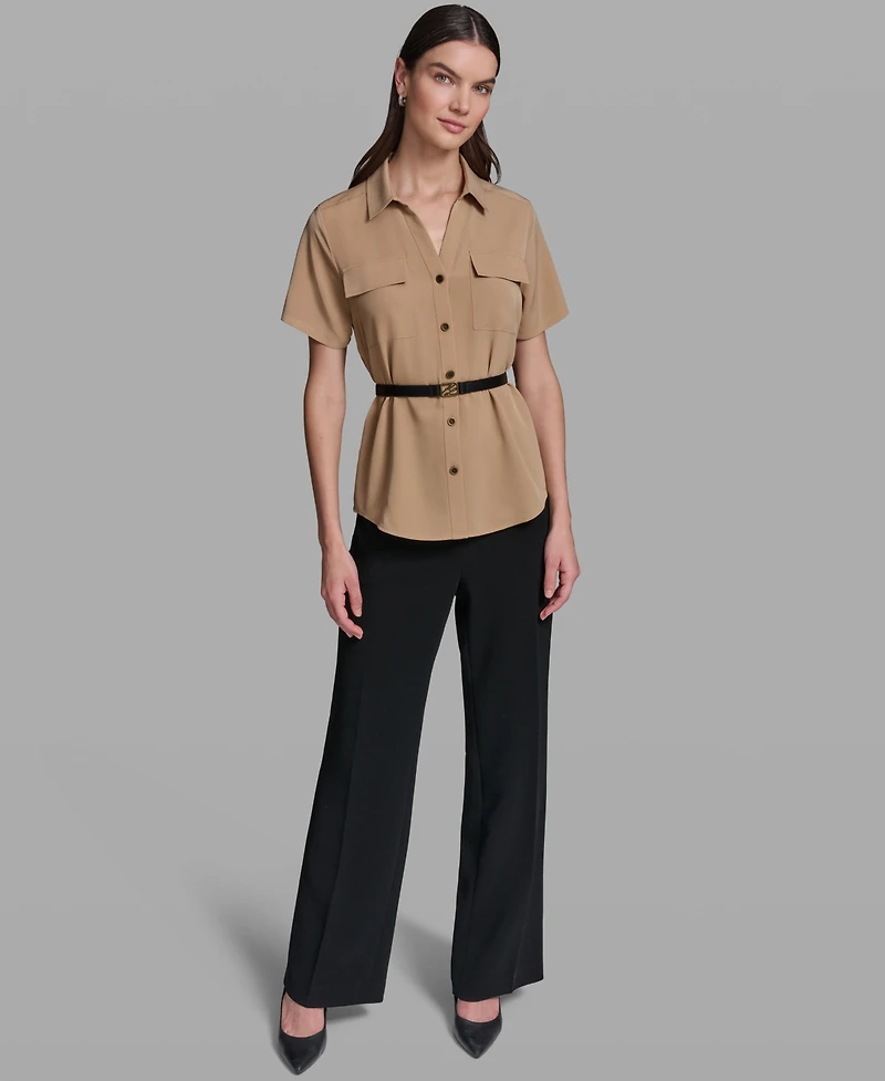 Karl Lagerfeld Paris Women's Short-Sleeve Belted Woven Top
