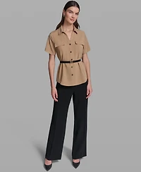 Karl Lagerfeld Paris Women's Short-Sleeve Belted Woven Top
