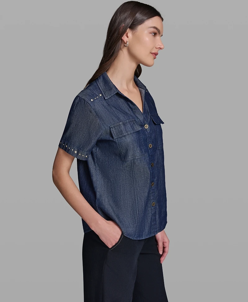 Karl Lagerfeld Paris Women's Short-Sleeve Nailhead Trim Camp Shirt