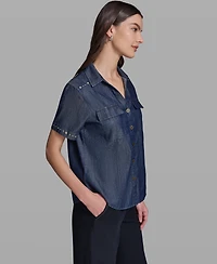 Karl Lagerfeld Paris Women's Short-Sleeve Nailhead Trim Camp Shirt