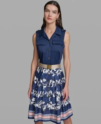 Karl Lagerfeld Paris Womens Sleeveless Collared Belted Dress