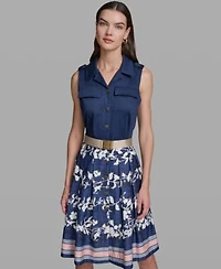 Karl Lagerfeld Paris Womens Sleeveless Collared Belted Dress