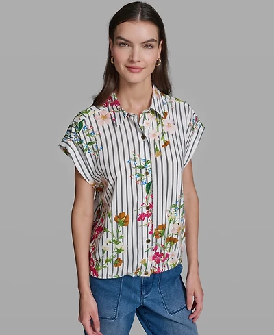 Karl Lagerfeld Paris Women's Short-Sleeve Bungee Woven Collared Top