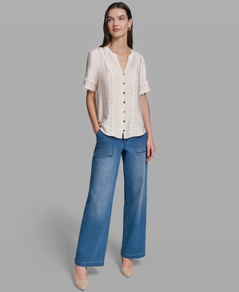 Karl Lagerfeld Paris Women's Short-Sleeve Nailhead Trim Woven Top