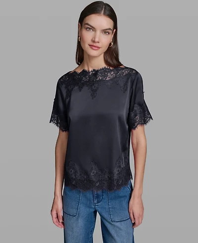Karl Lagerfeld Paris Women's Short-Sleeve Lace Trim Blouse