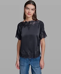Karl Lagerfeld Paris Women's Short-Sleeve Lace Trim Blouse