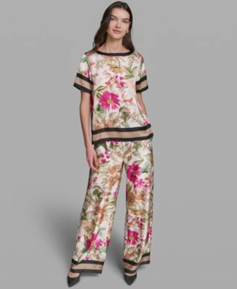 Karl Lagerfeld Paris Womens Short Sleeve Floral Printed Top Soft Floral Print Pull On Pants