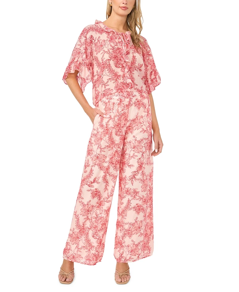 Vince Camuto Women's Printed Crewneck Ruffle Front Top