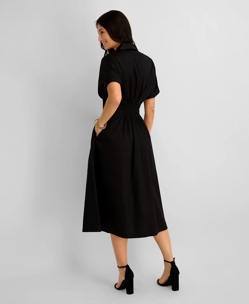 Kensie Women's Button-Front Cinched Waist Cotton Midi Shirt Dress