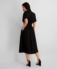 Kensie Women's Button-Front Cinched Waist Cotton Midi Shirt Dress