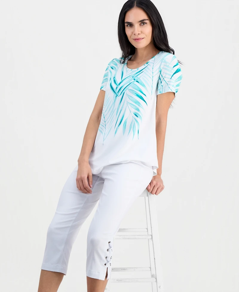 Jm Collection Petite Tropical Short-Sleeve Round-Neck Top, Macy's Exclusive