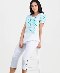Jm Collection Petite Tropical Short-Sleeve Round-Neck Top, Macy's Exclusive