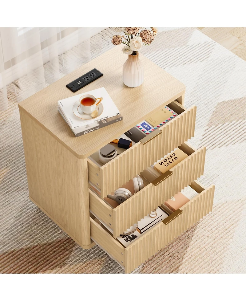homfan Set of 2 Modern Nightstands, 3-Drawer Light Wood Bedside with Power Outlet and Metal Handles, Storage End Tables Space Saving