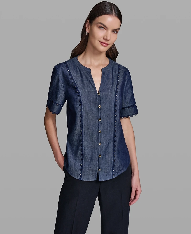 Karl Lagerfeld Paris Women's V-Neck Nailhead Trim Short-Sleeve Blouse